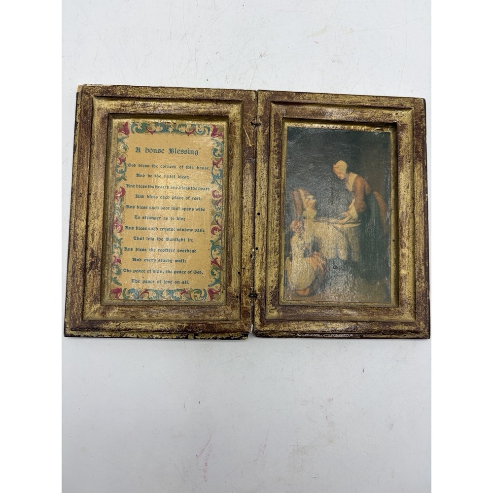 Vintage Folding Wooden House Blessing Prayer Plaque Gold Gilt Book Style - Picture 2 of 6
